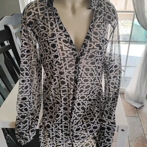 NY Collection Sheer Black and White Geometric Blouse